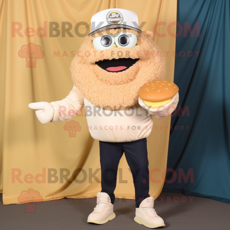 Cream Pulled Pork Sandwich mascot costume character dressed with a Jeggings and Caps Cream Pulled Pork Sandwich mascot costume character dressed with a Jeggings and Caps