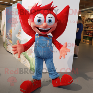 Red Tooth Fairy mascot costume character dressed with a Jeans and Foot pads
