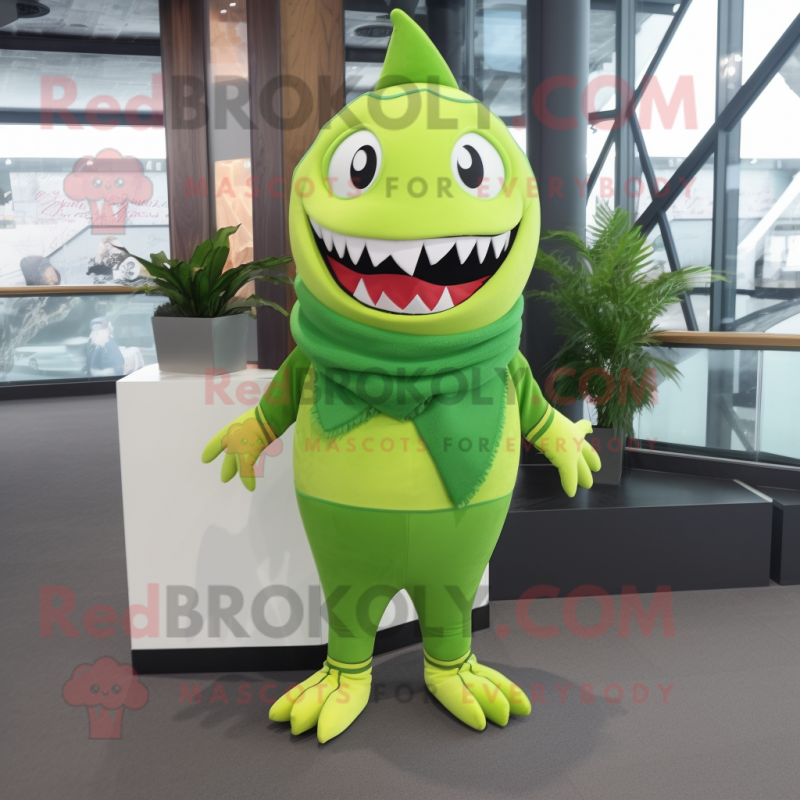 Lime Green Shark mascot costume character dressed with a Leggings and Scarf clips Lime Green Shark mascot costume character dressed with a Leggings and Scarf clips