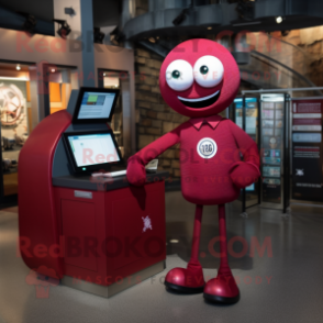 Maroon Computer mascot costume character dressed with a Button-Up Shirt and Watches