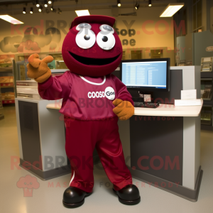 Maroon Computer mascot costume character dressed with a Button-Up Shirt and Watches