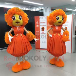 Orange Fried Chicken mascot costume character dressed with a Evening Gown and Hairpins
