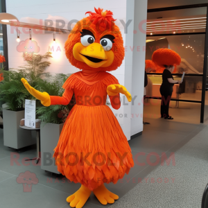 Orange Fried Chicken mascot costume character dressed with a Evening Gown and Hairpins