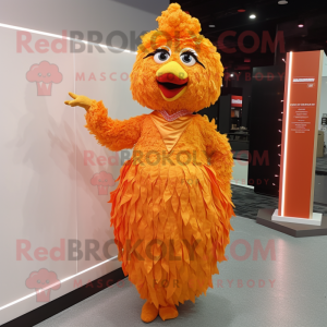 Orange Fried Chicken mascot costume character dressed with a Evening Gown and Hairpins