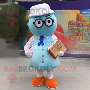 Sky Blue Apricot mascot costume character dressed with a Dress Shirt and Reading glasses