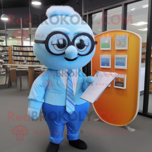 Sky Blue Apricot mascot costume character dressed with a Dress Shirt and Reading glasses