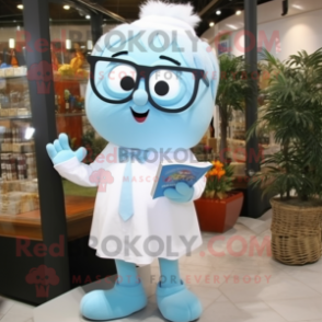 Sky Blue Apricot mascot costume character dressed with a Dress Shirt and Reading glasses