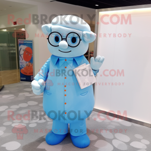 Sky Blue Apricot mascot costume character dressed with a Dress Shirt and Reading glasses