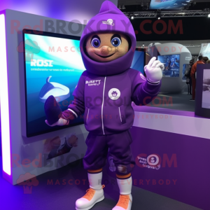 Purple Rugby Ball mascot costume character dressed with a Hoodie and Smartwatches