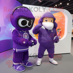 Purple Rugby Ball mascot costume character dressed with a Hoodie and Smartwatches