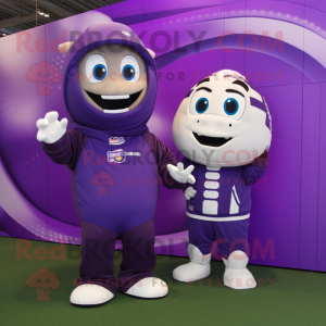 Purple Rugby Ball mascot costume character dressed with a Hoodie and Smartwatches