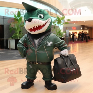Forest Green Shark mascot costume character dressed with a Leather Jacket and Tote bags