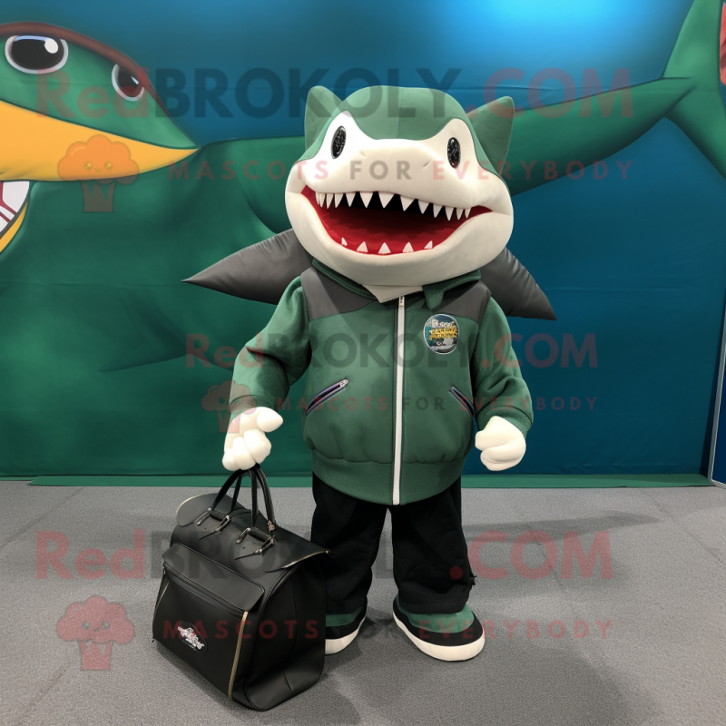 Forest Green Shark mascot costume character dressed with a Leather Jacket and Tote bags