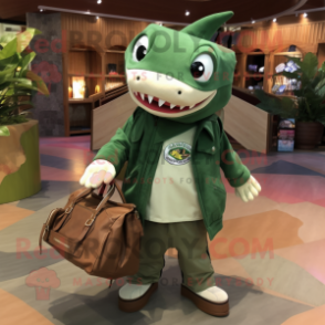 Forest Green Shark mascot costume character dressed with a Leather Jacket and Tote bags