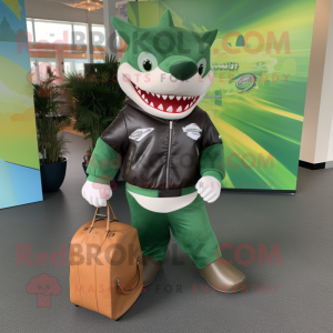 Forest Green Shark mascot costume character dressed with a Leather Jacket and Tote bags