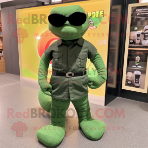 Forest Green Titanoboa mascot costume character dressed with a Skinny Jeans and Sunglasses