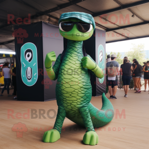 Forest Green Titanoboa mascot costume character dressed with a Skinny Jeans and Sunglasses