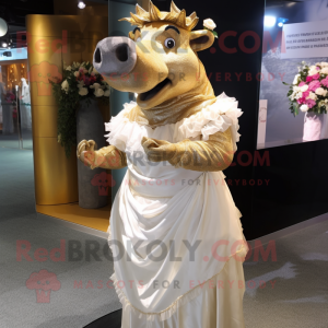 Gold Wild Boar mascot costume character dressed with a Wedding Dress and Caps