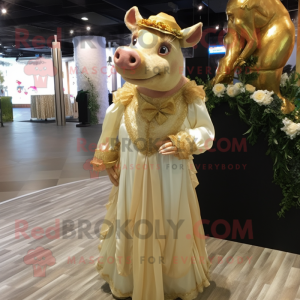 Gold Wild Boar mascot costume character dressed with a Wedding Dress and Caps
