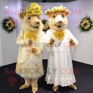 Gold Wild Boar mascot costume character dressed with a Wedding Dress and Caps