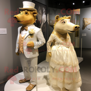 Gold Wild Boar mascot costume character dressed with a Wedding Dress and Caps