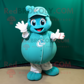 Teal Baseball Glove mascot costume character dressed with a Circle Skirt and Gloves