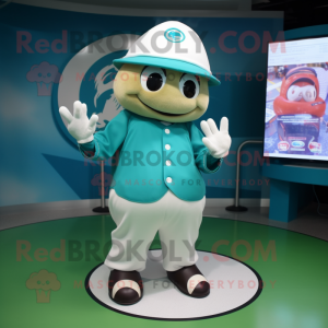 Teal Baseball Glove mascot costume character dressed with a Circle Skirt and Gloves