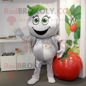 Silver Tomato mascot costume character dressed with a Jumpsuit and Messenger bags