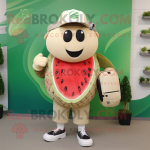 Beige Watermelon mascot costume character dressed with a Rugby Shirt and Backpacks