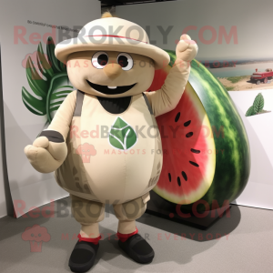 Beige Watermelon mascot costume character dressed with a Rugby Shirt and Backpacks