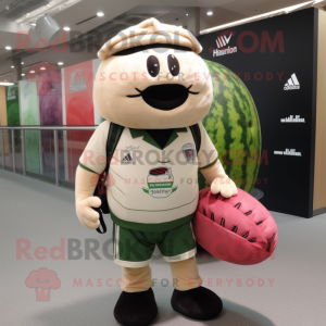 Beige Watermelon mascot costume character dressed with a Rugby Shirt and Backpacks