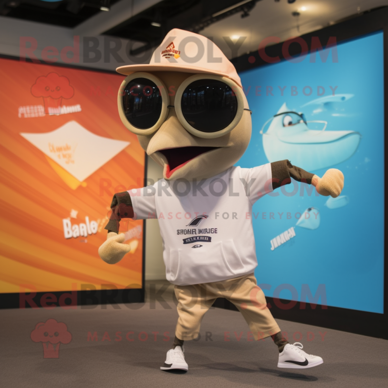 Tan Swordfish mascot costume character dressed with a Running Shorts and Sunglasses Tan Swordfish mascot costume character dressed with a Running Shorts and Sunglasses