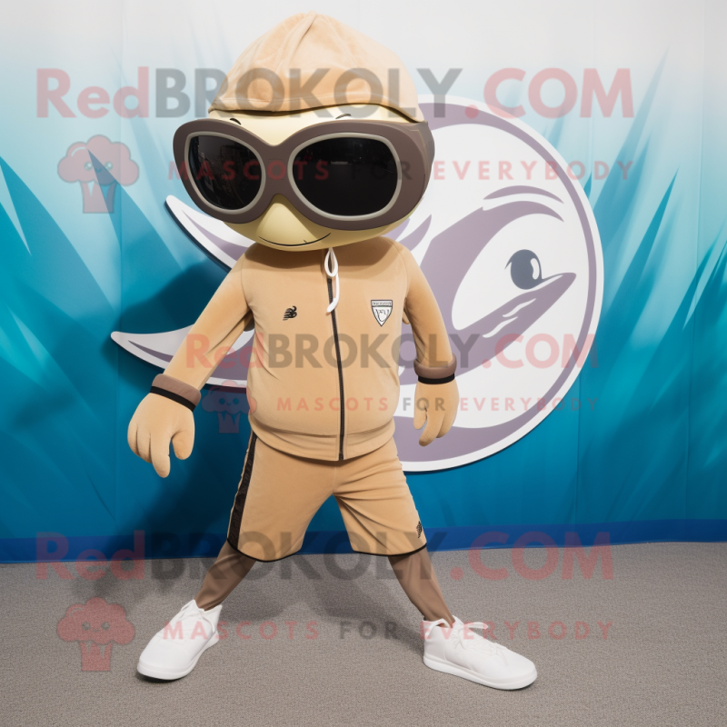 Tan Swordfish mascot costume character dressed with a Running Shorts and Sunglasses