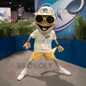 Tan Swordfish mascot costume character dressed with a Running Shorts and Sunglasses