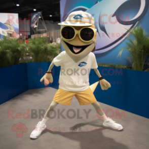 Tan Swordfish mascot costume character dressed with a Running Shorts and Sunglasses