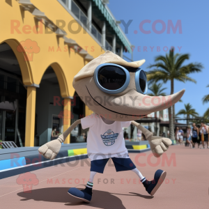 Tan Swordfish mascot costume character dressed with a Running Shorts and Sunglasses