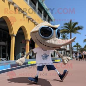 Tan Swordfish mascot costume character dressed with a Running Shorts and Sunglasses