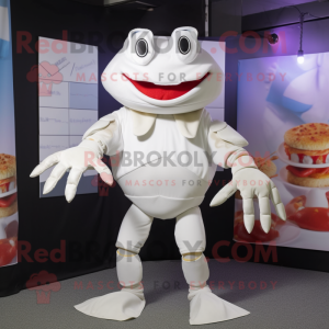 White Crab Cakes mascot costume character dressed with a Bodysuit and Anklets