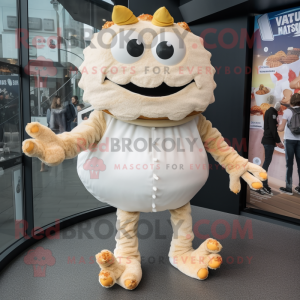 White Crab Cakes mascot costume character dressed with a Bodysuit and Anklets