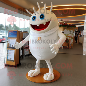 White Crab Cakes mascot costume character dressed with a Bodysuit and Anklets