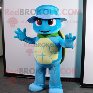 Cyan Turtle mascot costume character dressed with a Bodysuit and Hats