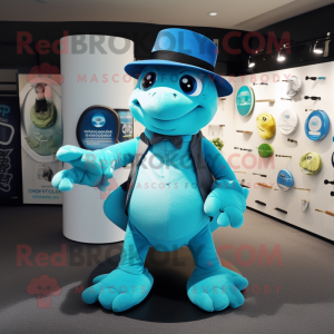 Cyan Turtle mascot costume character dressed with a Bodysuit and Hats