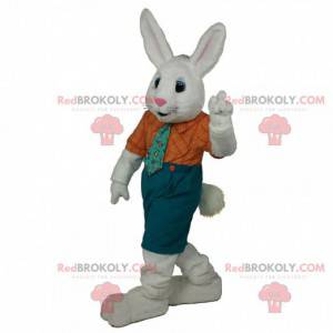 Hvit kanin maskot med et elegant antrekk, kanin kostyme -