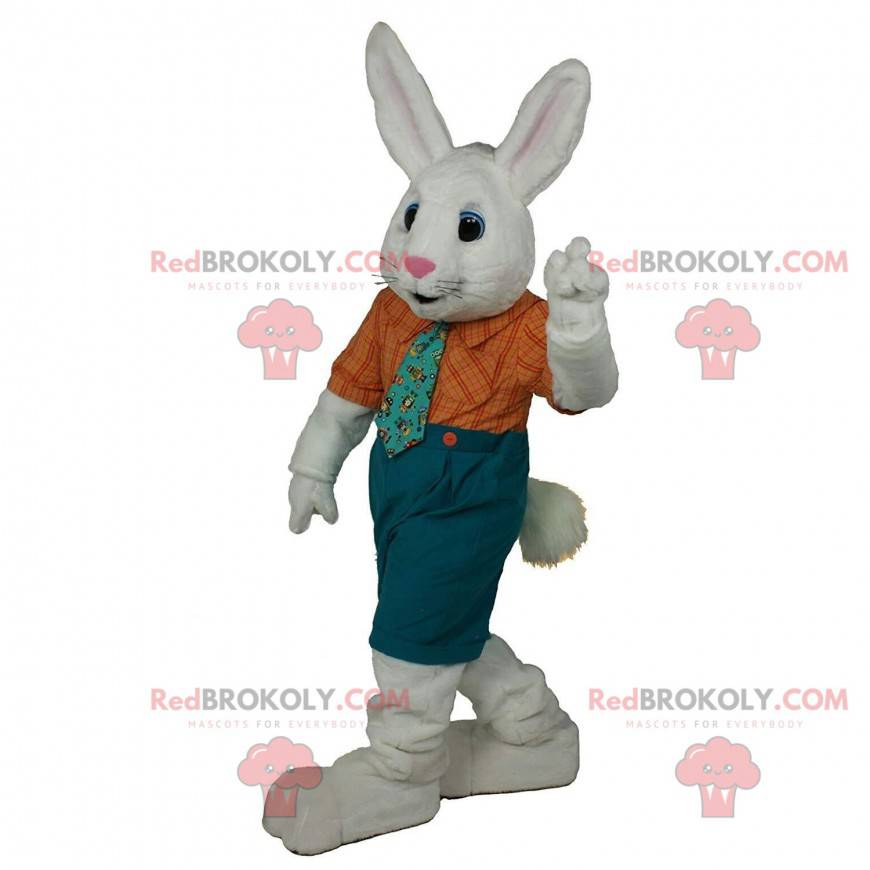 Mascota de conejo blanco con un traje elegante, disfraz de