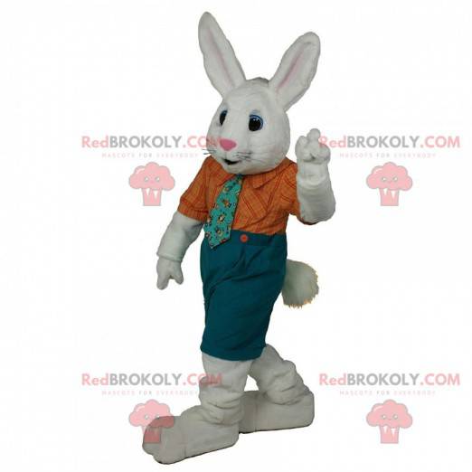 Wit konijn mascotte met een elegante outfit, konijnenkostuum -