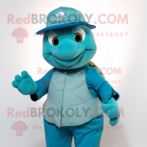 Cyan Turtle mascot costume character dressed with a Bodysuit and Hats