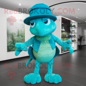 Cyan Turtle mascot costume character dressed with a Bodysuit and Hats