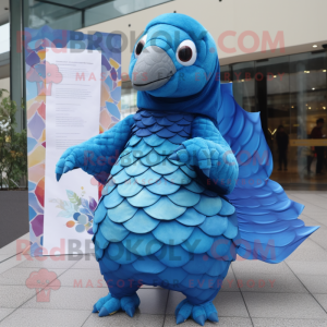 Blue Pangolin mascot costume character dressed with a Wrap Skirt and Shawls