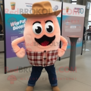 Peach Champagne mascot costume character dressed with a Flannel Shirt and Scarf clips