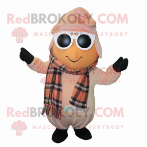 Peach Champagne mascot costume character dressed with a Flannel Shirt and Scarf clips